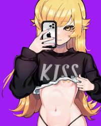 Rule 34 | 1girl, absurdres, apple inc., bandaid, bandaids on nipples, black sweater, blonde hair, blush, breasts, cellphone, chung1000, closed mouth, clothes lift, clothes writing, cowboy shot, crossed bandaids, hair flaps, hair over one eye, highres, iphone, lifting own clothes, long hair, long sleeves, monogatari (series), navel, one eye covered, oshino shinobu, pasties, phone, pointy ears, print shirt, purple background, shirt, simple background, skindentation, small breasts, smartphone, solo, sweater, sweater lift, underboob, yellow eyes