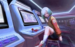 Rule 34 | 1girl, aqua hair, arcade, arcade cabinet, bike shorts, blue eyes, christy frisby, coin, collared shirt, commentary, english commentary, english text, fighting game, holding, holding coin, indoors, leg up, long sleeves, looking at viewer, medium hair, mynare, original, shirt, shoes, shorts, sitting, smile, socks, solo, swept bangs, white footwear, white socks