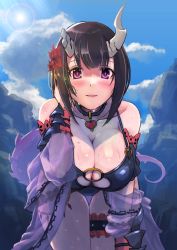 Rule 34 | 1girl, bare shoulders, bikini, black bikini, black choker, blue sky, blush, breasts, bridal garter, broken horn, choker, cleavage, cloud, collarbone, commentary request, day, demon girl, demon horns, doktor k, eriko (princess connect!), eriko (summer) (princess connect!), flower, hair flower, hair ornament, heart, highres, horns, huge breasts, leaning forward, looking at viewer, official alternate costume, outdoors, princess connect!, see-through, shaded face, short hair, sky, solo, spiked tail, sunlight, swimsuit, swimsuit cover-up, tail, thigh strap