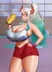 Rule 34 | 1girl, breasts, highres, horns, huge breasts, joylewds, looking at viewer, one piece, sweat, sweatdrop, white hair, yamato (one piece)