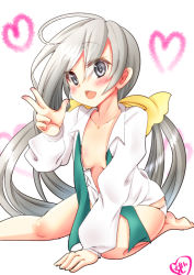 Rule 34 | 10s, 1girl, ahoge, breasts, chize, collarbone, grey eyes, grey hair, heart, heart background, kantai collection, kiyoshimo (kancolle), long hair, low twintails, no bra, open mouth, panties, peace symbol, simple background, small breasts, smile, twintails, underwear, v