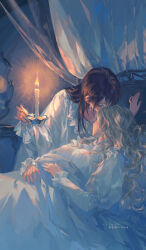 Rule 34 | 2girls, artist name, bed, brown hair, candle, candlestand, closed eyes, curtains, fire, green hair, highres, holding, holding candle, indoors, long hair, long sleeves, lying, multiple girls, nightgown, original, rrr (reason), single flame, under covers, white nightgown, yuri