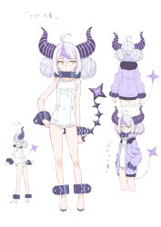 Rule 34 | 1girl, ahoge, ankle cuffs, ass, back, bare shoulders, barefoot, character sheet, collar, cuffs, double bun, feet, flat chest, hair bun, hand on own hip, hands in pockets, hololive, horns, jacket, jewelry, la+ darknesss, legs, long hair, looking at viewer, multicolored hair, multiple views, nail polish, one-piece swimsuit, purple hair, purple jacket, school swimsuit, simple background, streaked hair, swimsuit, t-okada, tail, toenail polish, toenails, toes, translation request, virtual youtuber, white background, white hair, white one-piece swimsuit, yellow eyes