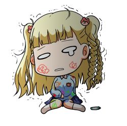 Rule 34 | 1girl, bear hair ornament, blue skirt, blunt bangs, braid, chibi, collared shirt, crayon, drawing on another&#039;s face, hair ornament, light brown hair, long sleeves, minami (colorful palette), shade, shirt, simple background, sitting, skirt, solo, teardrop, tokyo 7th sisters, trembling, two side up, uesugi u. kyouko, wariza, white background, white legwear