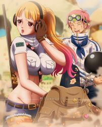 Rule 34 | 1boy, 1girl, absurdres, artist name, backpack, bag, ball and chain (weapon), between breasts, blonde hair, blurry, blurry background, blush, breast pocket, breasts, brown gloves, closed eyes, commentary, crop top, cropped shirt, cut bangs, day, dust, earmuffs, embarrassed, embers, english commentary, eyelashes, eyewear on head, flying sweatdrops, glasses, gloves, goggles, goggles on head, gradient hair, gun, hand to head, headband, headphones, hibari (one piece), highres, jacket, koby (one piece), large breasts, lips, long hair, multicolored hair, navel, one piece, open mouth, outdoors, pants, pink hair, pocket, ponytail, rakara11 (rakkarts), red eyes, rifle, scar, scar on face, scarf, short hair, short shorts, short sleeves, shorts, smile, sniper rifle, stomach, strap, strap between breasts, sweat, weapon, zipper