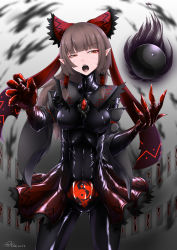 Rule 34 | 1girl, bodysuit, bow, brown hair, commentary request, corruption, dark persona, detached sleeves, fangs, hair bow, hakurei reimu, highres, inyuppo, latex, latex bodysuit, long hair, open mouth, orange eyes, orb, pointy ears, sharp teeth, shiny clothes, signature, skin tight, slit pupils, solo, teeth, touhou, veins, wide sleeves, yin yang, yin yang orb