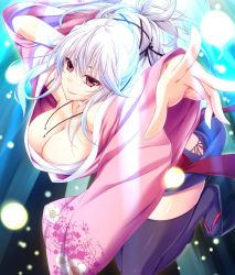 Rule 34 | 1girl, atelier kaguya, black legwear, breasts, choco chip, cleavage, game cg, highres, huge breasts, ibaraki, japanese clothes, legs, long hair, looking at viewer, namaiki ~kissuisou e youkoso!~, ponytail, red eyes, sandals, sarashi, simple background, skirt, smile, solo, thighs, white hair