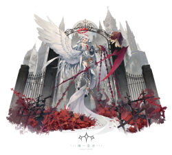 Rule 34 | 1girl, belt, building, castle, chain, english text, feathered wings, fence, flying, gauntlets, halo, highres, holding, holding chain, holding scythe, ji dao ji, low wings, open mouth, original, plant, reaching, red eyes, scythe, solo, statue, thigh strap, thighhighs, waist cape, white hair, white thighhighs, wings