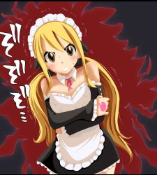 Rule 34 | 1girl, angry, artist request, bare shoulders, blonde hair, blush, breasts, cleavage, clenched teeth, fairy tail, highres, looking at viewer, lucy heartfilia, maid, solo, tagme, tattoo, teeth