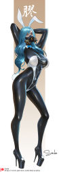 Rule 34 | 1girl, animal ears, arms up, blue eyes, blue hair, bodystocking, bodysuit, bow, bowtie, breasts, contrapposto, detached collar, gas mask, high heels, highleg, highres, large breasts, latex, latex bodysuit, leotard, long hair, looking at viewer, mask, original, platform footwear, platform heels, playboy bunny, rabbit ears, rabbit tail, sade abyss, skin tight, solo, stretching, tail