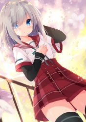 Rule 34 | 1girl, :o, arm behind head, black thighhighs, blue eyes, blush, commentary request, eyes visible through hair, flower, grey hair, hand on own chest, isuzu ren, kujou danbo, layered sleeves, long hair, long sleeves, looking at viewer, magia record: mahou shoujo madoka magica gaiden, mahou shoujo madoka magica, outdoors, parted lips, plaid, plaid skirt, pleated skirt, railing, red skirt, school uniform, serafuku, shirt, short over long sleeves, short sleeves, skirt, sleeves past wrists, solo, sunlight, thighhighs, white shirt, wide sleeves