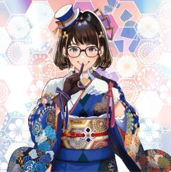 Rule 34 | 1girl, asymmetrical gloves, black-framed eyewear, blue hat, blue kimono, bob cut, bow, brown gloves, brown hair, fishnet gloves, fishnets, floral print, glasses, glove bow, gloves, hat, index finger raised, japanese clothes, kimono, long sleeves, looking at viewer, mini hat, mini top hat, mismatched gloves, mole, mole under eye, multicolored clothes, multicolored hat, original, purple eyes, red bow, shirabi, smile, solo, top hat, upper body, white gloves, white hat, wide sleeves