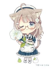 Rule 34 | &gt; &lt;, 1girl, ;3, ahoge, animal, animal ear fluff, animal ears, apron, beret, blue dress, blue eyes, blush, bow, braid, brown hair, cat, cat ears, cat girl, cat tail, character request, chibi, closed eyes, closed mouth, collared dress, dress, flower, frilled apron, frilled dress, frills, full body, glasses, grey pantyhose, hair ornament, hairclip, hat, head tilt, highres, holding, holding flower, long hair, maid apron, one eye closed, pantyhose, puffy short sleeves, puffy sleeves, red-framed eyewear, sakura oriko, semi-rimless eyewear, shoes, short sleeves, simple background, solo, standing, striped clothes, striped pantyhose, tail, translation request, under-rim eyewear, utsunomiya-sen meguri, vertical-striped clothes, vertical-striped pantyhose, white apron, white background, white bow, white flower, white footwear, white hat