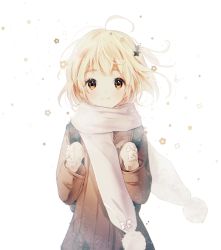 Rule 34 | 10s, 1girl, ahoge, animal print, backpack, bad id, bad pixiv id, bag, bear print, blonde hair, bow, coat, floral print, gomzi, haikyuu!!, hair ornament, looking at viewer, mittens, one side up, pom pom (clothes), scarf, short hair, smile, solo, star (symbol), star hair ornament, yachi hitoka, yellow eyes