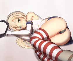 Rule 34 | 10s, 1girl, :o, ass, black bow, black panties, blonde hair, blue skirt, blush, bow, breasts, crop top, elbow gloves, eyebrows, gloves, grey eyes, hairband, highleg, highleg panties, kantai collection, legs together, long hair, looking at viewer, lying, maku ro, microskirt, on side, panties, partially visible vulva, school uniform, serafuku, shimakaze (kancolle), shirt, shoes, sideboob, skirt, sleeveless, sleeveless shirt, small breasts, solo, striped clothes, striped thighhighs, thighhighs, underwear, white gloves, white shirt