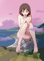 Rule 34 | 1girl, barefoot, brown eyes, brown hair, censored, city, cloud, convenient censoring, feet, giant, giantess, own hands clasped, highres, huge giantess, mebae, mountain, nude, original, own hands together, sky, solo, spread toes, toenails, toes, water