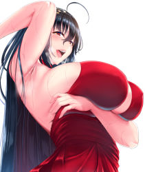 Rule 34 | 1girl, ahoge, arm up, armpits, azur lane, bare shoulders, black hair, blush, breast hold, breasts, choker, cocktail dress, covered erect nipples, dress, from below, hair between eyes, hair ornament, heavy breathing, huge breasts, kasappi, long hair, looking at viewer, looking down, open mouth, red choker, red dress, red eyes, sideboob, simple background, solo, sweat, taihou (azur lane), taihou (forbidden feast) (azur lane), white background