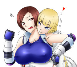 Rule 34 | 2girls, blonde hair, blush, breast hold, breasts, do konjouuo, emilie de rochefort, fang, female focus, heart, hug, hug from behind, huge breasts, kazama asuka, large breasts, looking at another, multiple girls, namco, open mouth, shy, simple background, smile, sweat, tekken, yuri