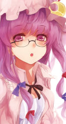 Rule 34 | 1girl, bespectacled, blush, bow, breasts, cleavage, crescent, dress, female focus, glasses, hair bow, hat, long hair, nanahara fuyuki, patchouli knowledge, pink eyes, purple hair, small breasts, solo, touhou