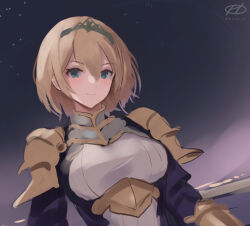 Rule 34 | 1girl, alternate costume, armor, artist logo, blonde hair, blue eyes, breasts, hairband, haruto (harut n), kantai collection, looking at viewer, medium breasts, official alternate hair length, official alternate hairstyle, one-hour drawing challenge, short hair, shoulder armor, solo, tiara, upper body, victorious (kancolle)