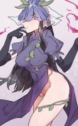 Rule 34 | 1girl, black gloves, black hair, blush, breasts, china dress, chinese clothes, covered erect nipples, dress, elbow gloves, flower, flower on head, gloves, highres, large breasts, long hair, no panties, open mouth, plant, purple dress, purple flower, senmura, sidelocks, simple background, solo, sweat, touhou, unfinished dream of all living ghost, vines, yomotsu hisami
