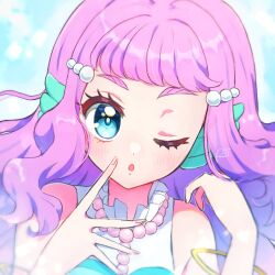 Rule 34 | 1girl, blue eyes, commentary, fins, head fins, highres, laura la mer, long hair, one eye closed, open mouth, pearl hair ornament, pink hair, precure, rii (rii0 02), short bangs, solo, thick eyebrows, tropical-rouge! precure