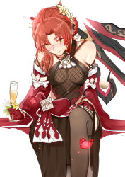 Rule 34 | 1girl, absurdres, alcohol, alternate costume, bare shoulders, blush, braid, bug, butterfly, commentary, cup, drinking glass, drunk, flower, gloves, hair flower, hair ornament, hair stick, highres, holding, holding cup, honkai (series), honkai impact 3rd, insect, long hair, looking at viewer, murata himeko, murata himeko (vermillion knight), parted bangs, red butterfly, red gloves, red hair, sitting, smile, solo, white background, wide sleeves, wine, wine glass, yellow eyes, zhourues