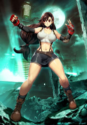 Rule 34 | 1990s (style), 1girl, belt, black hair, boots, breasts, breasts apart, elbow gloves, elbow pads, final fantasy, final fantasy vii, fingerless gloves, full body, genzoman, gloves, large breasts, long hair, looking at viewer, low-tied long hair, midriff, navel, skirt, solo, suspenders, tank top, tifa lockhart