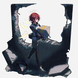 Rule 34 | 1girl, absurdres, arknights, black gloves, black pantyhose, black skirt, black sleeves, closed mouth, exusiai (arknights), fingerless gloves, from side, gloves, grab pigeon, grey background, halo, highres, holding, miniskirt, pantyhose, red eyes, red hair, short hair, skirt, solo, sweater, walking, white sweater