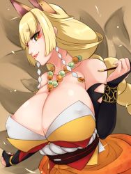 Rule 34 | 1girl, animal ears, bare shoulders, bead necklace, beads, blonde hair, bracelet, braid, breasts, bridal gauntlets, cleavage, covered erect nipples, dress, earrings, eyeshadow, fox ears, fox tail, from side, grin, hand up, holding, holding smoking pipe, huge breasts, japanese clothes, jewelry, kimono, kiseru, kitsune, lipstick, long hair, looking at viewer, looking to the side, makeup, multiple tails, neck, necklace, obi, orange dress, original, red lips, ribbon, sagara1990, sash, shiny skin, short eyebrows, sidelocks, single braid, smile, smoking pipe, solo, strapless, strapless dress, tail, very long hair, yellow eyes