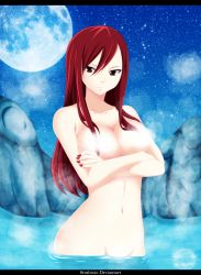 Rule 34 | 1girl, absurdres, arm tattoo, armpits, arms under breasts, artist name, barefoot, breasts, cleft of venus, clenched hands, collarbone, colorized, completely nude, curvy, deviantart username, erza scarlet, eyelashes, fairy tail, female focus, fingernails, hair between eyes, highres, large breasts, legs, long hair, looking at viewer, mashima hiro, moon, nail polish, navel, neck, night, night sky, nipples, nude, onsen, outdoors, partially submerged, red eyes, red nails, seductive smile, side bangs, sidelocks, sky, smile, standing, star (sky), starry sky, steam, strabixio, straight hair, tattoo, thighs, unworn clothes, water, wet