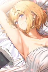 Rule 34 | 1girl, absurdres, aki rosenthal, arm up, armpits, binaural microphone, blonde hair, blush, bob cut, breasts, collarbone, hair ornament, highres, hololive, large breasts, looking at viewer, lying, microphone, on back, on bed, parted bangs, purple eyes, short hair, smile, solo, teeth, twin (tt lsh), virtual youtuber
