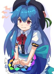 Rule 34 | 1girl, ahoge, annoyed, apron, black hat, blue hair, blue skirt, bow, bowtie, center frills, clenched teeth, collared shirt, commentary request, frilled skirt, frills, hat, highres, hinanawi tenshi, long hair, plus2sf, puffy short sleeves, puffy sleeves, rainbow order, red bow, red bowtie, red eyes, red ribbon, ribbon, shirt, short sleeves, sidelocks, simple background, skirt, smile, solo, teeth, touhou, v-shaped eyebrows, very long hair, waist apron, white apron, white background, white shirt