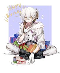 Rule 34 | 1other, androgynous, birthday cake, black footwear, bodysuit, boots, cake, cake slice, coat, doughnut, eating, english text, food, food on face, gift, gloves, happy birthday, highres, holding, holding food, looking at viewer, medicine pocket, reverse:1999, sleeveless turtleneck bodysuit, turtleneck, turtleneck bodysuit, whisperxu9290, white coat, white gloves, white hair, yellow eyes