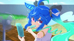 Rule 34 | 1girl, ahoge, animal ears, aqua hair, black ribbon, blue eyes, blue hair, blue sky, cloud, cloudy sky, commentary request, commission, crossed bangs, day, eating, electric fan, fang, food, from behind, hair ribbon, heterochromia, holding, holding food, holding popsicle, horse ears, horse girl, horse tail, kirimmitsu, long hair, looking at viewer, looking back, multicolored hair, off shoulder, outdoors, partial commentary, popsicle, purple eyes, ribbon, shirt, shirt straps, sidelocks, skeb commission, sky, solo, sweat, tail, twin turbo (umamusume), twintails, two-tone hair, umamusume, very long hair, white shirt, wind, wooden floor