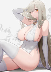 Rule 34 | 1girl, blonde hair, breasts, cleavage, dress, hayabusa, highres, large breasts, long hair, looking at viewer, mole, mole under eye, one eye closed, original, solo, thighhighs, thighs, white dress