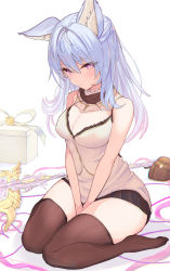 Rule 34 | 1girl, animal ears, black skirt, blue hair, box, breasts, brown thighhighs, cat ears, cleavage, cleavage cutout, closed mouth, clothing cutout, commentary request, gift, gift box, hair between eyes, highres, large breasts, long hair, looking at viewer, metsu end, miniskirt, original, pink eyes, sitting, skirt, sleeveless, solo, staff, thighhighs, thighs, wariza