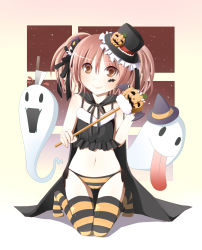 Rule 34 | 1girl, absurdres, bat (animal), blush, brown eyes, brown hair, cape, female focus, full body, ghost, gradient background, hair ornament, hair ribbon, halloween, hat, highres, humangate, indoors, kneeling, looking at viewer, midriff, navel, original, panties, pumpkin, ribbon, short hair, sky, smile, solo, striped clothes, striped panties, striped thighhighs, thighhighs, tongue, twintails, underwear, wand, witch hat