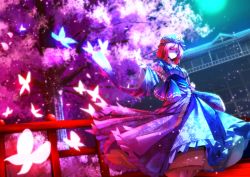 Rule 34 | 1girl, architecture, bug, butterfly, cherry blossoms, east asian architecture, female focus, full moon, hat, insect, japanese clothes, moon, night, night sky, pink hair, red eyes, ryosios, saigyouji yuyuko, short hair, sky, solo, touhou, tree