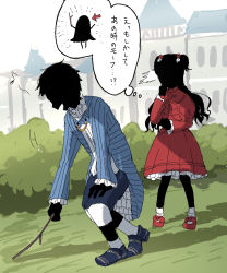 Rule 34 | 1boy, 1girl, blue footwear, bow, bush, chuchi, collar, commentary, dress, flower, footwear bow, formal, frilled collar, frilled dress, frills, full body, grass, hair flower, hair ornament, hedge, highres, holding, holding stick, john (shadows house), juliet sleeves, kate (shadows house), leaning forward, long hair, long sleeves, looking at another, mansion, mary janes, morph (shadows house), musical note, open mouth, outdoors, petticoat, puffy sleeves, red bow, red dress, shadows house, shoes, short hair, smile, socks, spoilers, spoken musical note, stick, thought bubble, translation request, two side up, waistcoat, white socks