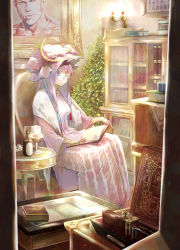 Rule 34 | 1girl, bespectacled, book, bookshelf, bottle, crescent, danny lee, dress, female focus, glass, glasses, hat, long hair, matsutani, open book, painting (object), patchouli knowledge, purple dress, purple eyes, purple hair, reading, sitting, solo, striped clothes, striped dress, table, touhou, very long hair
