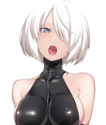 Rule 34 | 1girl, aqua eyes, bare shoulders, breasts, commentary, hair over one eye, highres, large breasts, latex, latex leotard, leotard, looking at viewer, mole, mole under mouth, nier:automata, nier (series), open mouth, original, saliva, short hair, sideboob, simple background, solo, spider apple, symbol-only commentary, teeth, tongue, tongue out, upper body, upper teeth only, uvula, white background, white hair, zipper