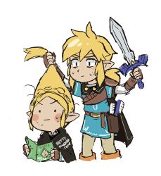 Rule 34 | 1boy, 1girl, bettykwong, blonde hair, blue shirt, blush stickers, comb, cutting hair, fingerless gloves, furrowed brow, gloves, hair brush, holding, holding magazine, holding own hair, holding sword, holding weapon, link, magazine (object), master sword, nintendo, pointy ears, princess zelda, shirt, sidelocks, sweat, sword, the legend of zelda, the legend of zelda: breath of the wild, the legend of zelda: tears of the kingdom, tingle, weapon