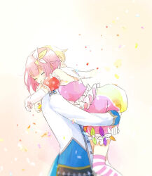 Rule 34 | 1boy, 1girl, arms around neck, blonde hair, carrying, closed eyes, collared shirt, confetti, elbow gloves, gloves, hair ornament, highres, hug, long sleeves, momomo (m0 3), ootori emu, open mouth, pink hair, project sekai, shirt, short hair, simple background, tenma tsukasa, wonderlands x showtime (project sekai)