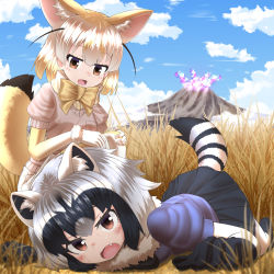 Rule 34 | 10s, 2girls, :d, absurdres, all fours, animal ears, black hair, black skirt, blonde hair, blue sky, bow, bowtie, brown eyes, cloud, commentary request, common raccoon (kemono friends), day, fang, fennec (kemono friends), fox ears, fox tail, gloves, grass, highres, kakutasu (akihiron cactus), kemono friends, mountain, multicolored hair, multiple girls, on ground, open mouth, outdoors, pleated skirt, puffy short sleeves, puffy sleeves, raccoon ears, raccoon tail, sandstar, savannah, short hair, short sleeves, skirt, sky, smile, tail, white hair