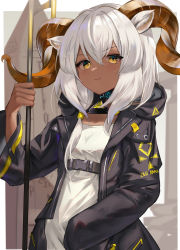 Rule 34 | 1girl, absurdres, animal ears, arknights, beeswax (arknights), black coat, blush, breasts, closed mouth, coat, collar, dark-skinned female, dark skin, dress, goat ears, goat girl, goat horns, highres, holding, holding staff, hood, hood down, horns, infection monitor (arknights), long sleeves, looking at viewer, obelisk, open clothes, open coat, penguin4, short hair, silver hair, small breasts, smile, smug, solo, staff, underbust, upper body, v-shaped eyebrows, white dress, yellow eyes