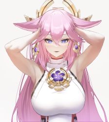 Rule 34 | animal ears, armpits, arms up, breasts, chest jewel, fox ears, fox girl, genshin impact, hair ornament, halterneck, hands in hair, japanese clothes, jewelry, large breasts, looking at viewer, pink hair, plaster (2501), purple eyes, sleeveless, upper body, yae miko
