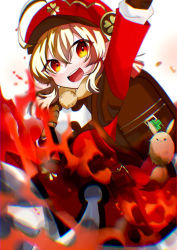 Rule 34 | 1girl, :d, ahoge, arm up, backpack, bag, bag charm, blurry, brown gloves, brown scarf, cabbie hat, charm (object), clover print, coat, commentary request, depth of field, entoyukari, fire, genshin impact, gloves, gradient background, hair between eyes, hat, jumpy dumpty, klee (genshin impact), light brown hair, long hair, looking at viewer, low twintails, open mouth, orange eyes, pocket, pointy ears, randoseru, red coat, red hat, scarf, sidelocks, smile, solo, twintails