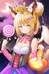 Rule 34 | 1girl, = =, animal, animal ear fluff, animal ears, animal on head, bad id, bad pixiv id, bare shoulders, black wings, blonde hair, bow, breasts, brown eyes, candle, candy, cleavage, closed eyes, closed mouth, collarbone, crescent moon, demon wings, detached sleeves, fire, food, fox, fox ears, fox girl, fox tail, hair between eyes, hair ornament, hands up, holding, holding candy, holding food, holding lollipop, jack-o&#039;-lantern, lollipop, long sleeves, looking at viewer, moon, murano, on head, original, pink bow, pink sleeves, purple skirt, skirt, small breasts, smile, solo, swirl lollipop, tail, tail raised, wings