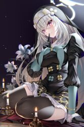 Rule 34 | 1girl, aqua bow, aqua bowtie, black dress, black gloves, black thighhighs, blue archive, bow, bowtie, breasts, candle, closed mouth, crossed bangs, dress, emanon123, finger to mouth, flower, frilled dress, frills, gloves, grey hair, halo, highres, juliet sleeves, large breasts, long sleeves, looking at viewer, night, nun, on floor, pink eyes, puffy long sleeves, puffy sleeves, sakurako (blue archive), sidelocks, signature, sitting, smile, solo, thighhighs, white flower, zettai ryouiki